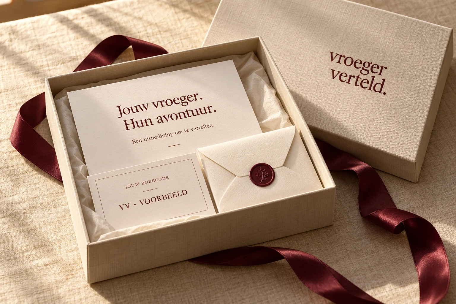 Linnen Vroeger Verteld cadeaudoos met bordeauxlint, uitnodiging en een eigen boekcode